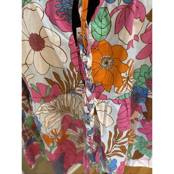 Tuckernuck Wild Rhapsody Floral Retro Baskin Print Cotton Top Tie Neck XL New - Picture 2 of 14